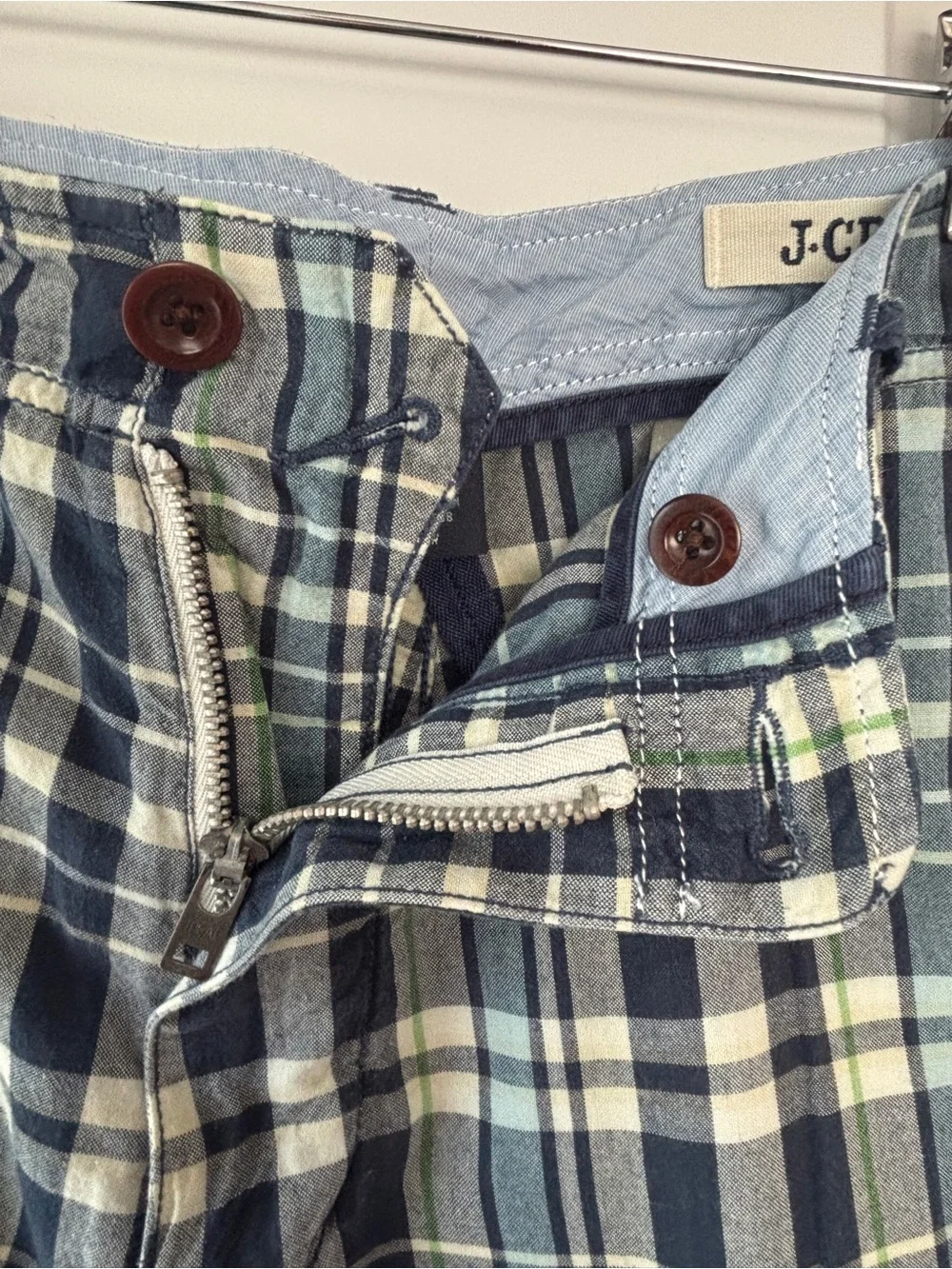 J. Crew Men’s Navy, White & Light Green Plaid Flat Front Shorts